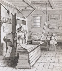 La legatoria di Laurens Janszoon Koster, inciso da J. van der Velde, pubblicato in 